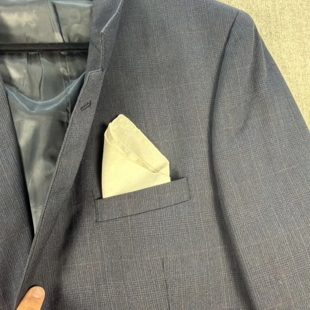 Vintage Christian Dior Monsieur Wool Suit Navy‎ Windowpane USA Pleated 44R 32x34